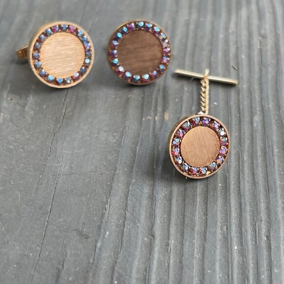 Vintage Gold Tone Cufflinks and Tie Tack Set with Iridescent Rhinestone Accents - Picture 3 of 6